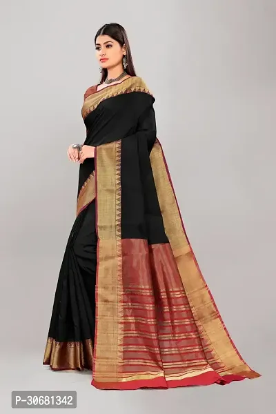 Stylish Black Cotton Saree With Blouse Piece For Women-thumb4