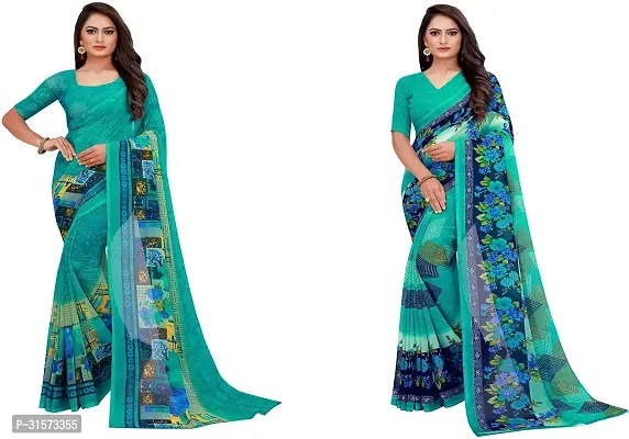 Stylish Georgette Sea Green Printed Saree with Blouse piece For Women Pack Of 2-thumb0