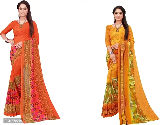 Stylish Georgette Multicoloured Printed Saree with Blouse piece For Women Pack Of 2-thumb0