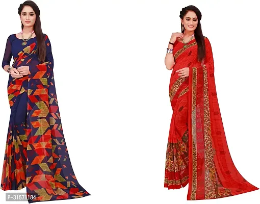 Stylish Georgette Multicoloured Printed Saree with Blouse piece For Women Pack Of 2-thumb0