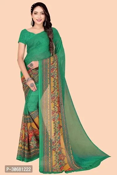 Stylish Green Chiffon Saree With Blouse Piece For Women-thumb0