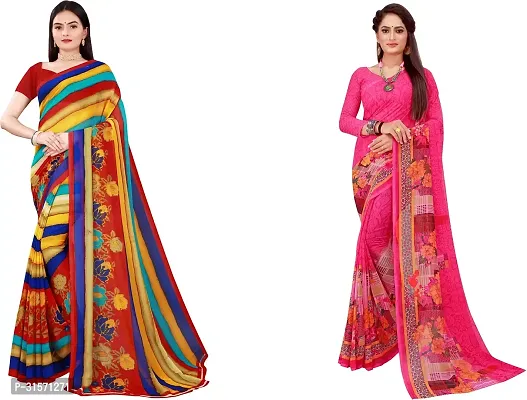 Stylish Georgette Multicoloured Printed Saree with Blouse piece For Women Pack Of 2-thumb0