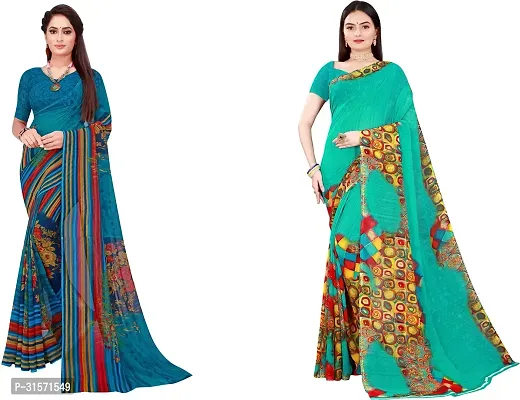 Stylish Georgette Multicoloured Printed Saree with Blouse piece For Women Pack Of 2-thumb0