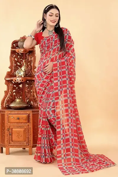 Stylish Red Georgette Saree Without Blouse Piece For Women