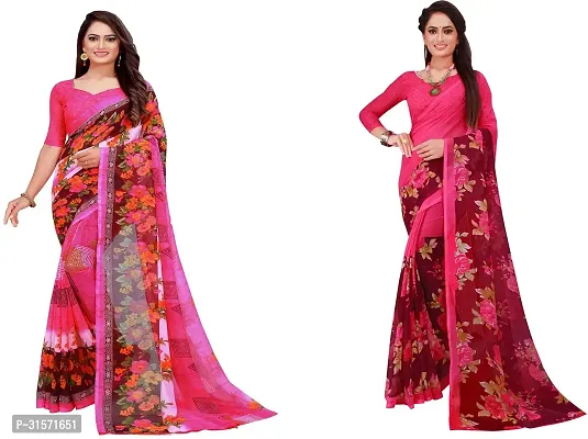 Stylish Georgette Pink Printed Saree with Blouse piece For Women Pack Of 2-thumb0