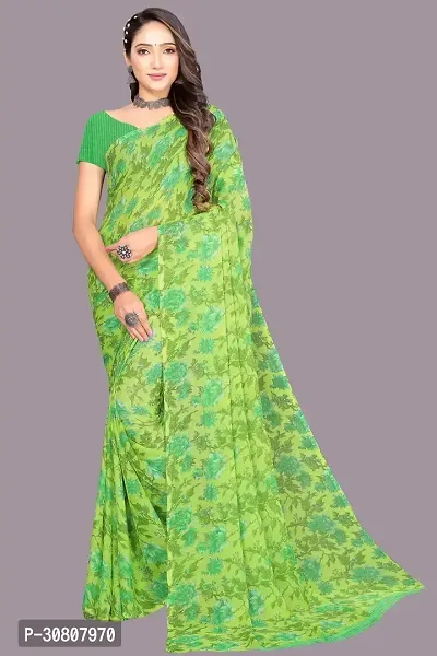 Stylish Green Chiffon Saree With Blouse Piece For Women