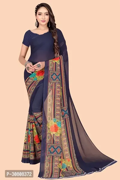 Stylish Navy Blue Chiffon Saree With Blouse Piece For Women