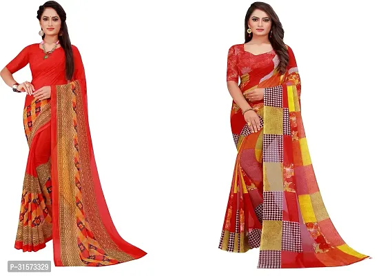 Stylish Georgette Red Printed Saree with Blouse piece For Women Pack Of 2-thumb0