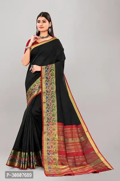 Stylish Black Cotton Saree With Blouse Piece For Women