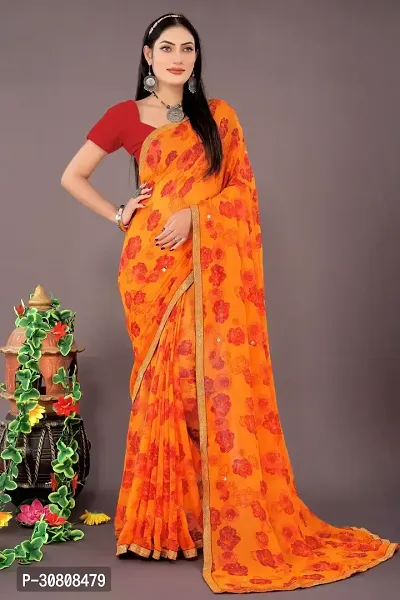 Stylish Orange Georgette Saree With Blouse Piece For Women