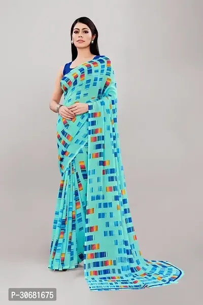 Stylish Turquoise Georgette Saree With Blouse Piece For Women-thumb0