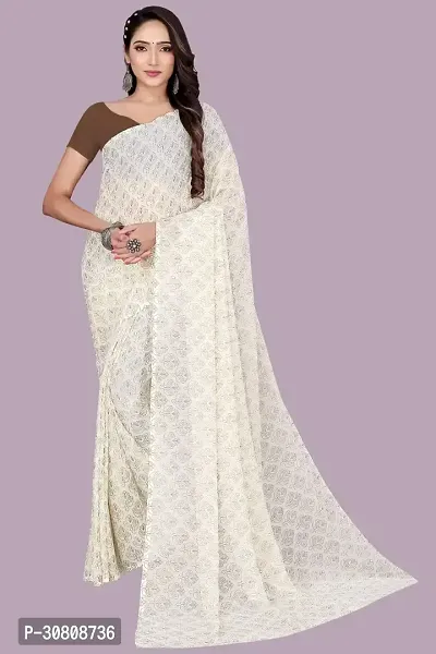 Stylish White Chiffon Saree With Blouse Piece For Women