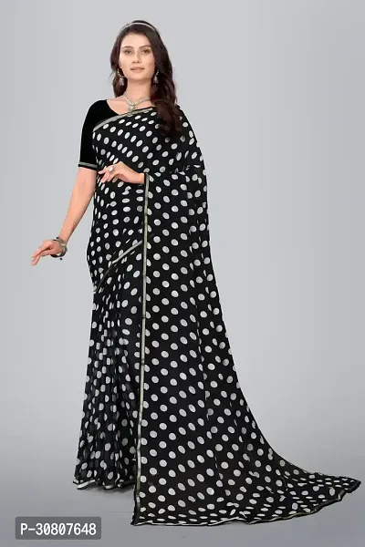 Stylish Black Chiffon Saree With Blouse Piece For Women-thumb0