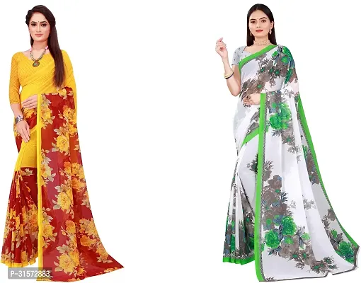 Stylish Georgette Multicoloured Printed Saree with Blouse piece For Women Pack Of 2-thumb0