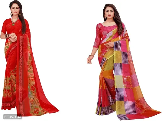 Stylish Georgette Multicoloured Printed Saree with Blouse piece For Women Pack Of 2-thumb0