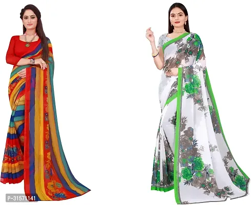 Stylish Georgette Multicoloured Printed Saree with Blouse piece For Women Pack Of 2-thumb0