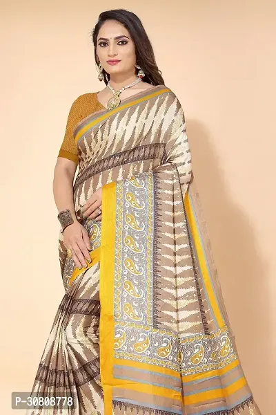 Stylish Yellow Cotton Blend Saree With Blouse Piece For Women-thumb4