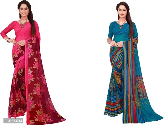 Stylish Georgette Multicoloured Printed Saree with Blouse piece For Women Pack Of 2-thumb0