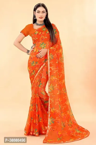 Stylish Orange Georgette Saree With Blouse Piece For Women