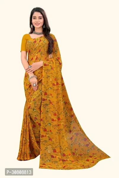 Stylish Yellow Georgette Saree With Blouse Piece For Women