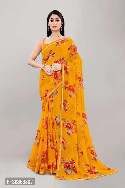 Stylish Yellow Georgette Saree With Blouse Piece For Women-thumb0