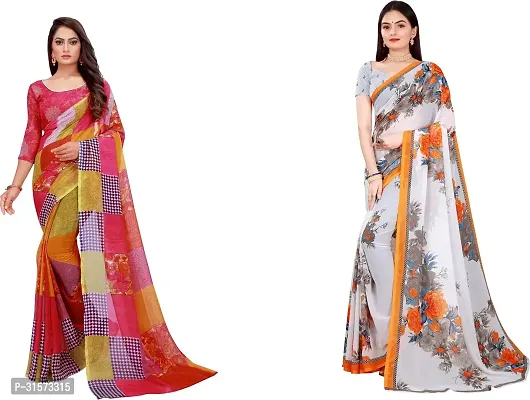 Stylish Georgette Multicoloured Printed Saree with Blouse piece For Women Pack Of 2-thumb0