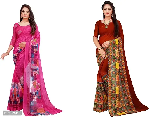 Stylish Georgette Multicoloured Printed Saree with Blouse piece For Women Pack Of 2-thumb0