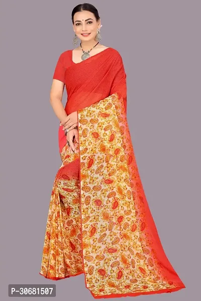 Stylish Red Chiffon Saree With Blouse Piece For Women-thumb0