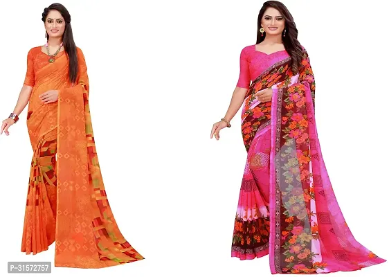 Stylish Georgette Multicoloured Printed Saree with Blouse piece For Women Pack Of 2-thumb0