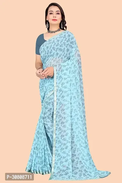 Stylish Turquoise Chiffon Saree With Blouse Piece For Women