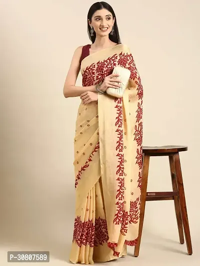 Stylish Beige Cotton Saree With Blouse Piece For Women-thumb0