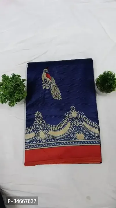 Stylish Navy Blue Art Silk Printed Saree with Blouse Piece For Women-thumb0