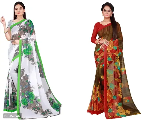 Stylish Georgette Multicoloured Printed Saree with Blouse piece For Women Pack Of 2-thumb0