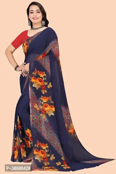 Stylish Navy Blue Georgette Saree With Blouse Piece For Women-thumb0