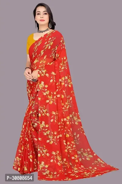 Stylish Red Chiffon Saree With Blouse Piece For Women