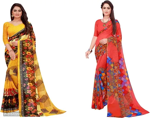 Stylish Georgette Multicoloured Printed Saree with Blouse piece For Women Pack Of 2-thumb0