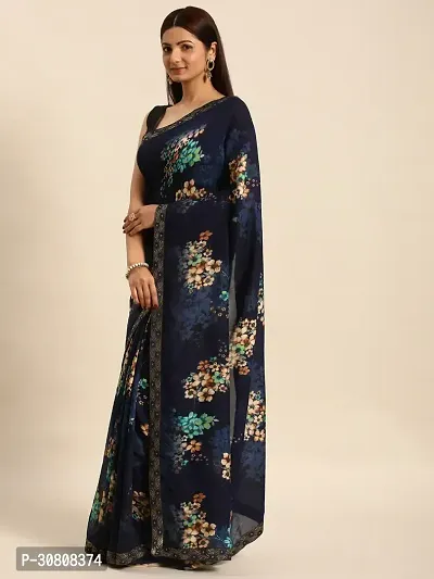 Stylish Navy Blue Chiffon Saree With Blouse Piece For Women