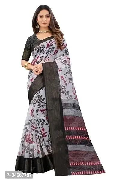 Stylish White Cotton Printed Saree with Blouse Piece For Women