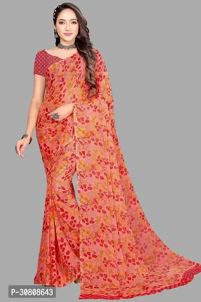 Stylish Red Chiffon Saree With Blouse Piece For Women