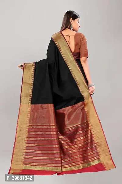 Stylish Black Cotton Saree With Blouse Piece For Women-thumb2