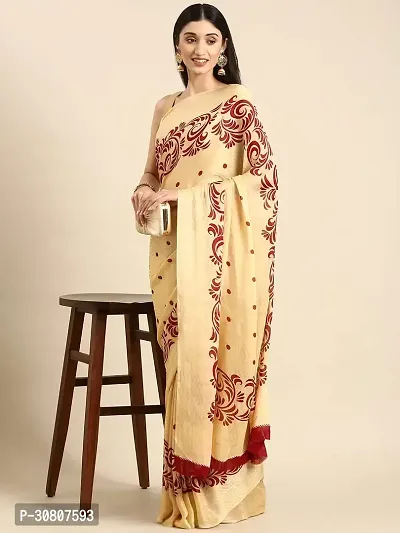 Stylish Beige Cotton Saree With Blouse Piece For Women