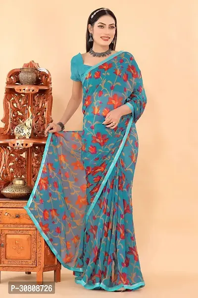 Stylish Turquoise Georgette Saree With Blouse Piece For Women-thumb2