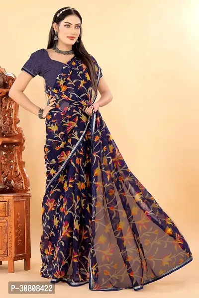 Stylish Navy Blue Georgette Saree With Blouse Piece For Women-thumb2