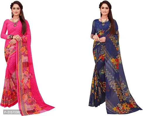 Stylish Georgette Multicoloured Printed Saree with Blouse piece For Women Pack Of 2-thumb0