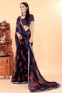 Stylish Navy Blue Georgette Saree With Blouse Piece For Women-thumb1