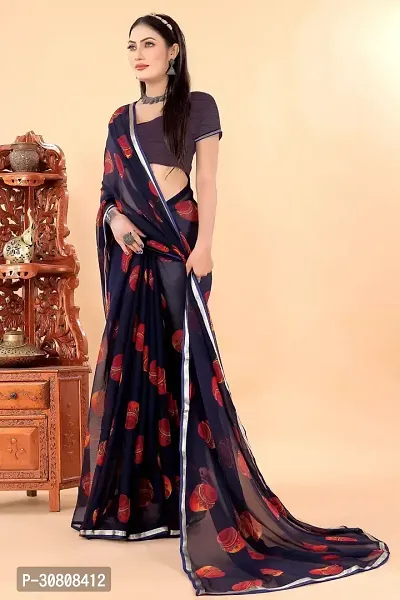 Stylish Navy Blue Georgette Saree With Blouse Piece For Women-thumb2