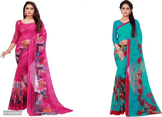 Stylish Georgette Multicoloured Printed Saree with Blouse piece For Women Pack Of 2-thumb0