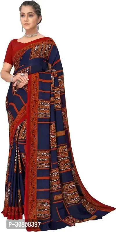 Stylish Navy Blue Georgette Saree With Blouse Piece For Women