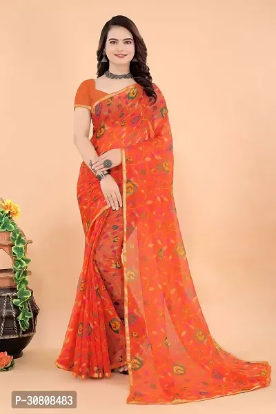 Stylish Orange Georgette Saree With Blouse Piece For Women