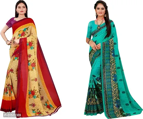 Stylish Georgette Multicoloured Printed Saree with Blouse piece For Women Pack Of 2-thumb0